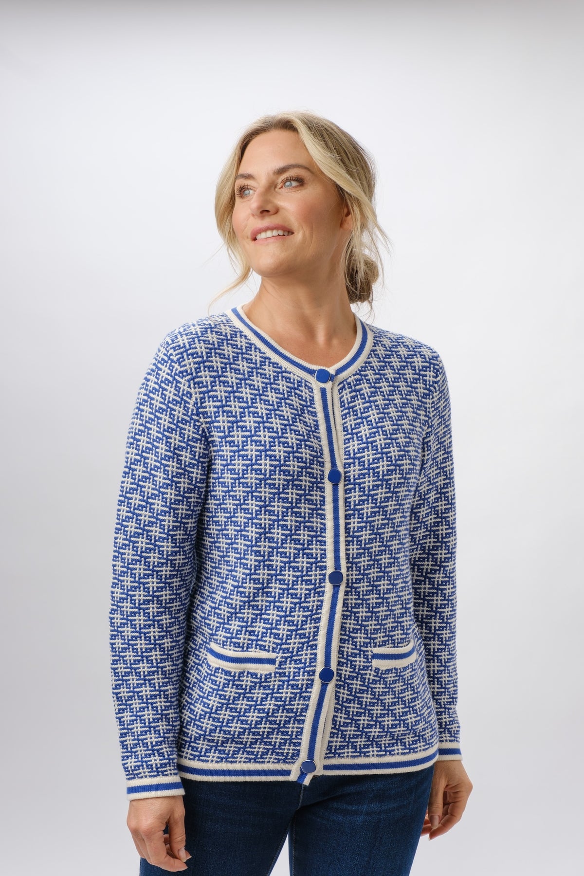 100% COTTON GEOMETRIC NAVY CARDIGAN