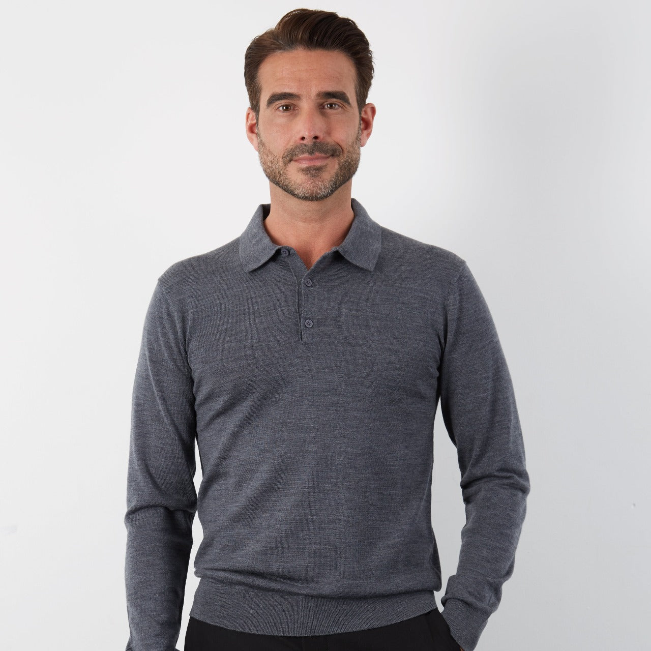 100% MERINO GREY LONG SLEEVE BUTTON POLO