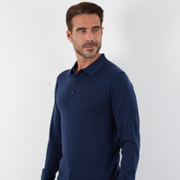 100% MERINO NAVY LONG SLEEVE BUTTON POLO