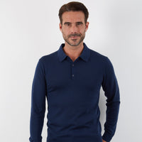 100% MERINO NAVY LONG SLEEVE BUTTON POLO