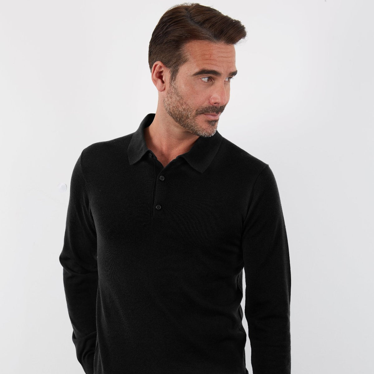 100% MERINO BLACK LONG SLEEVE BUTTON POLO