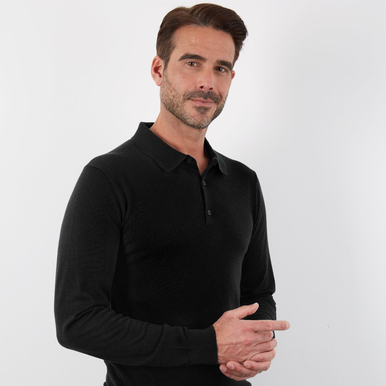 100% MERINO BLACK LONG SLEEVE BUTTON POLO