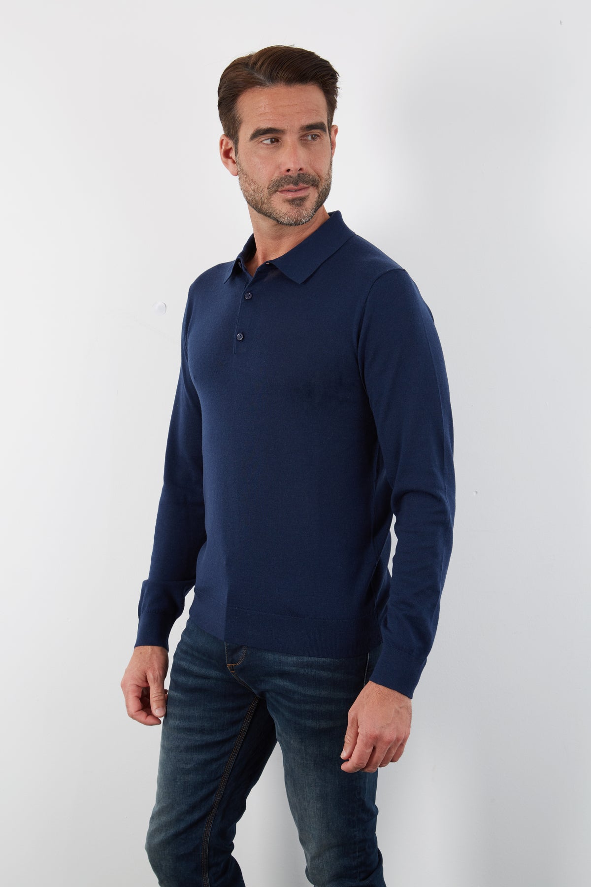 100% MERINO NAVY LONG SLEEVE BUTTON POLO