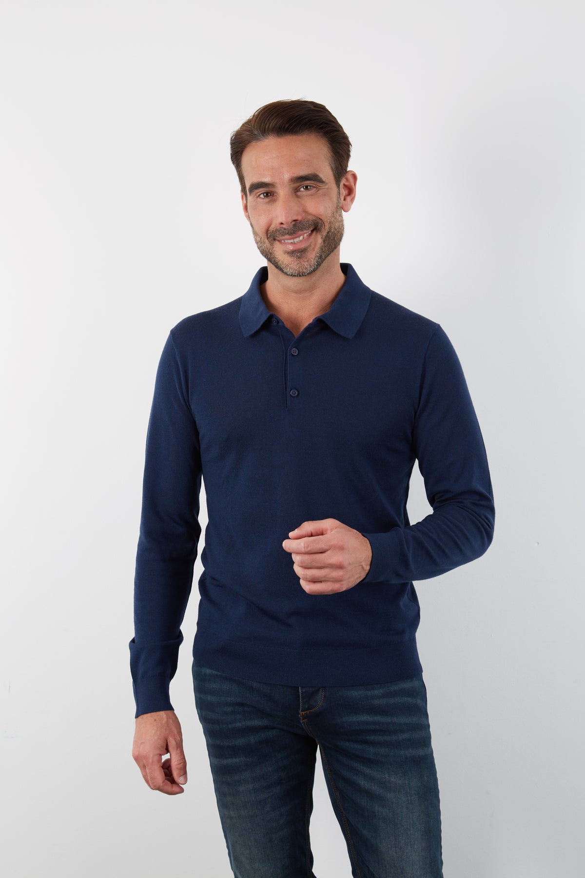 100% MERINO NAVY LONG SLEEVE BUTTON POLO