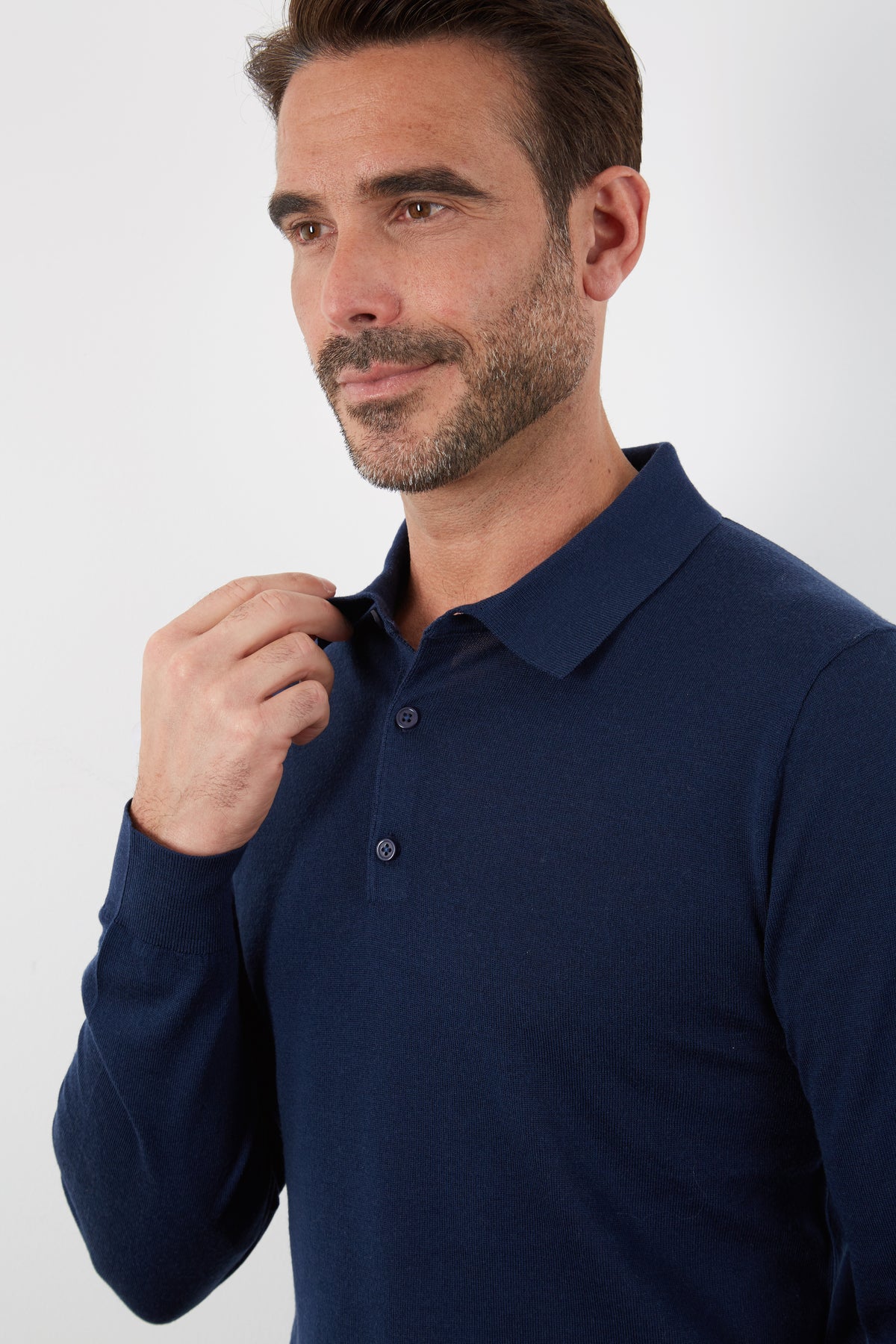 100% MERINO NAVY LONG SLEEVE BUTTON POLO