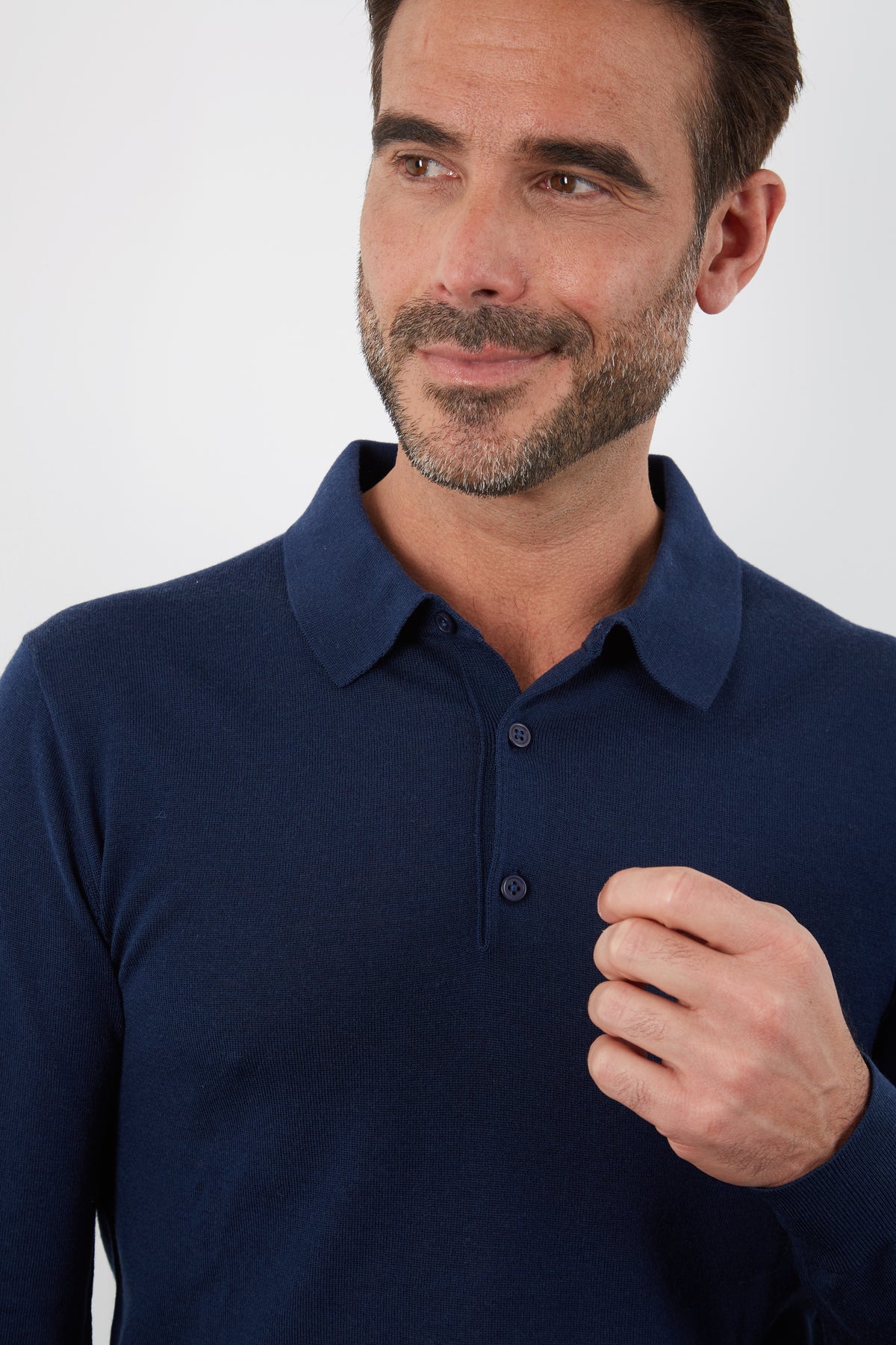 100% MERINO NAVY LONG SLEEVE BUTTON POLO