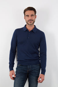 100% MERINO NAVY LONG SLEEVE BUTTON POLO