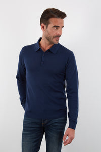 100% MERINO NAVY LONG SLEEVE BUTTON POLO