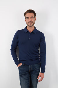 100% MERINO NAVY LONG SLEEVE BUTTON POLO