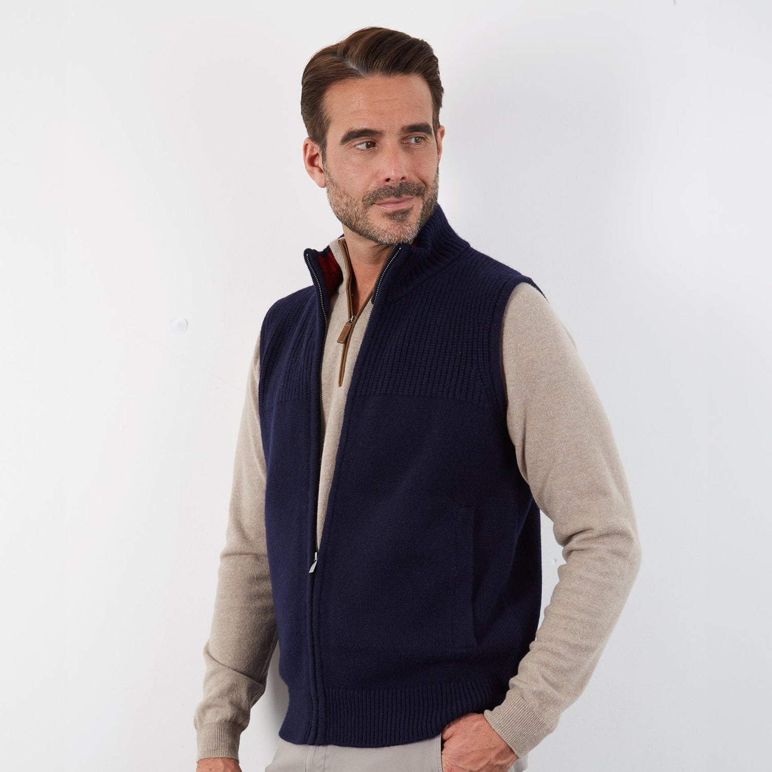 100% MERINO WOOL NAVY FULL ZIP GILET