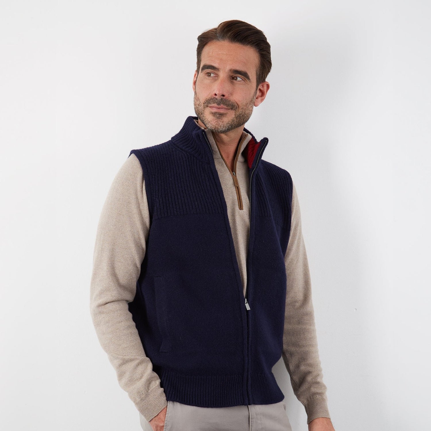 100% MERINO WOOL NAVY FULL ZIP GILET