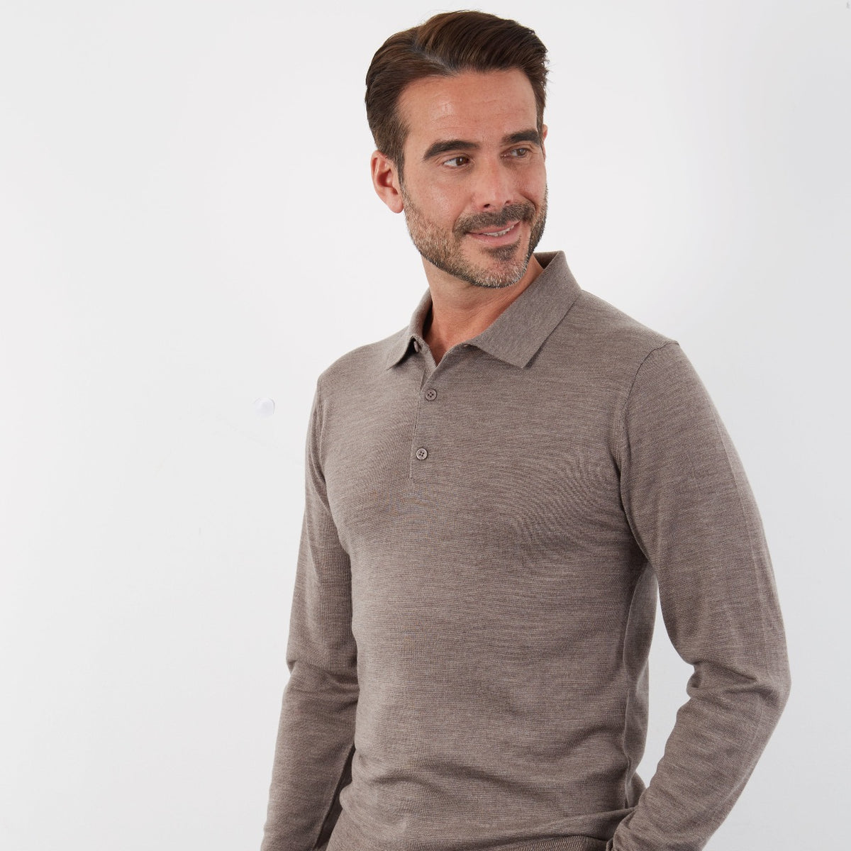 100% MERINO TAUPE LONG SLEEVE BUTTON POLO