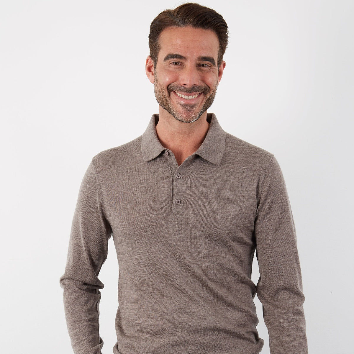 100% MERINO TAUPE LONG SLEEVE BUTTON POLO