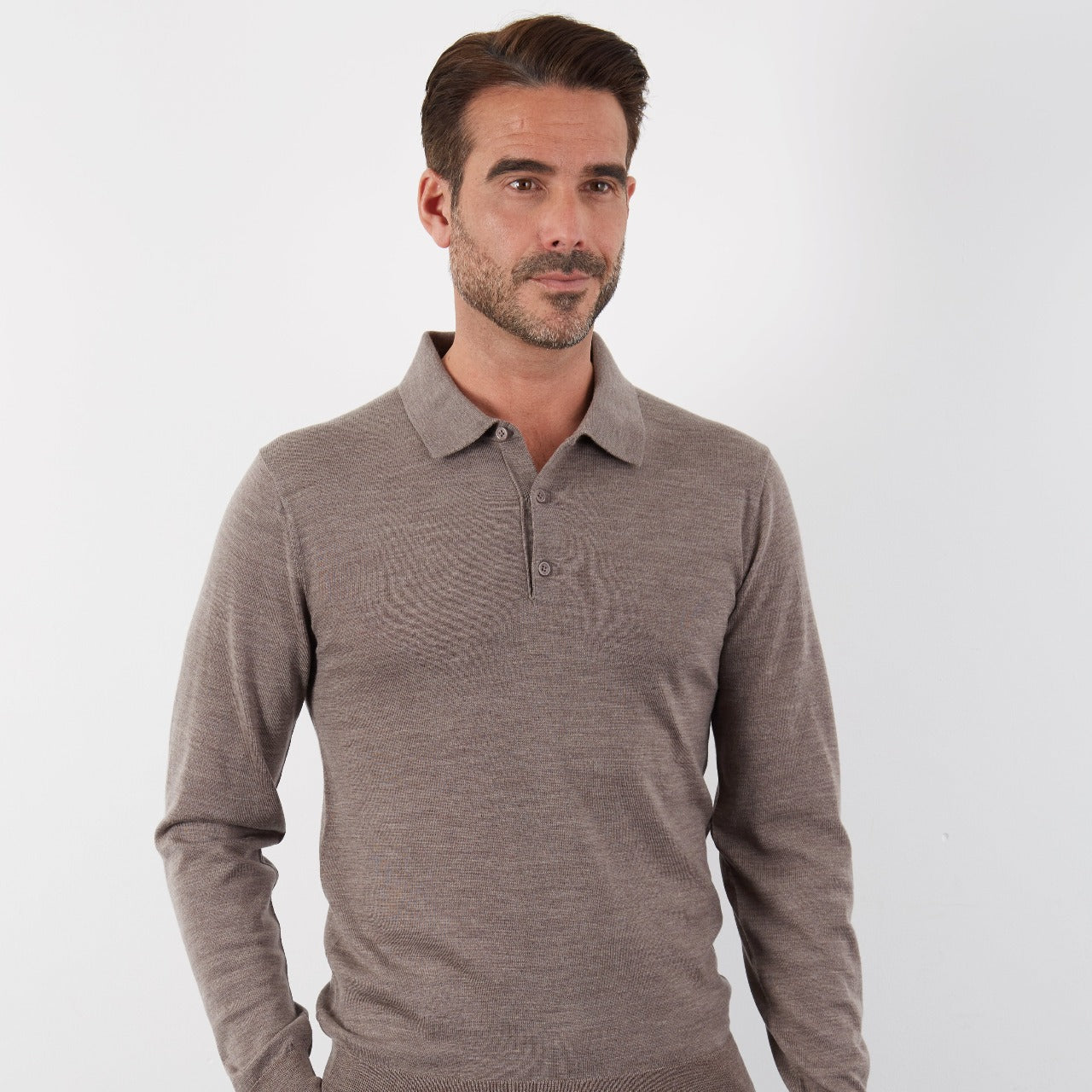 100% MERINO TAUPE LONG SLEEVE BUTTON POLO