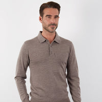 100% MERINO TAUPE LONG SLEEVE BUTTON POLO