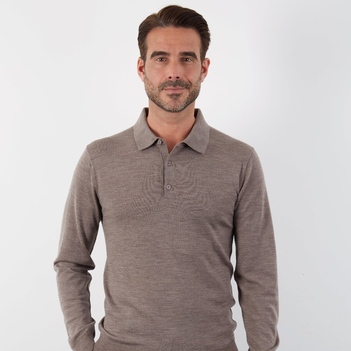 100% MERINO TAUPE LONG SLEEVE BUTTON POLO