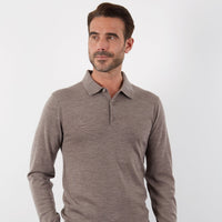 100% MERINO TAUPE LONG SLEEVE BUTTON POLO