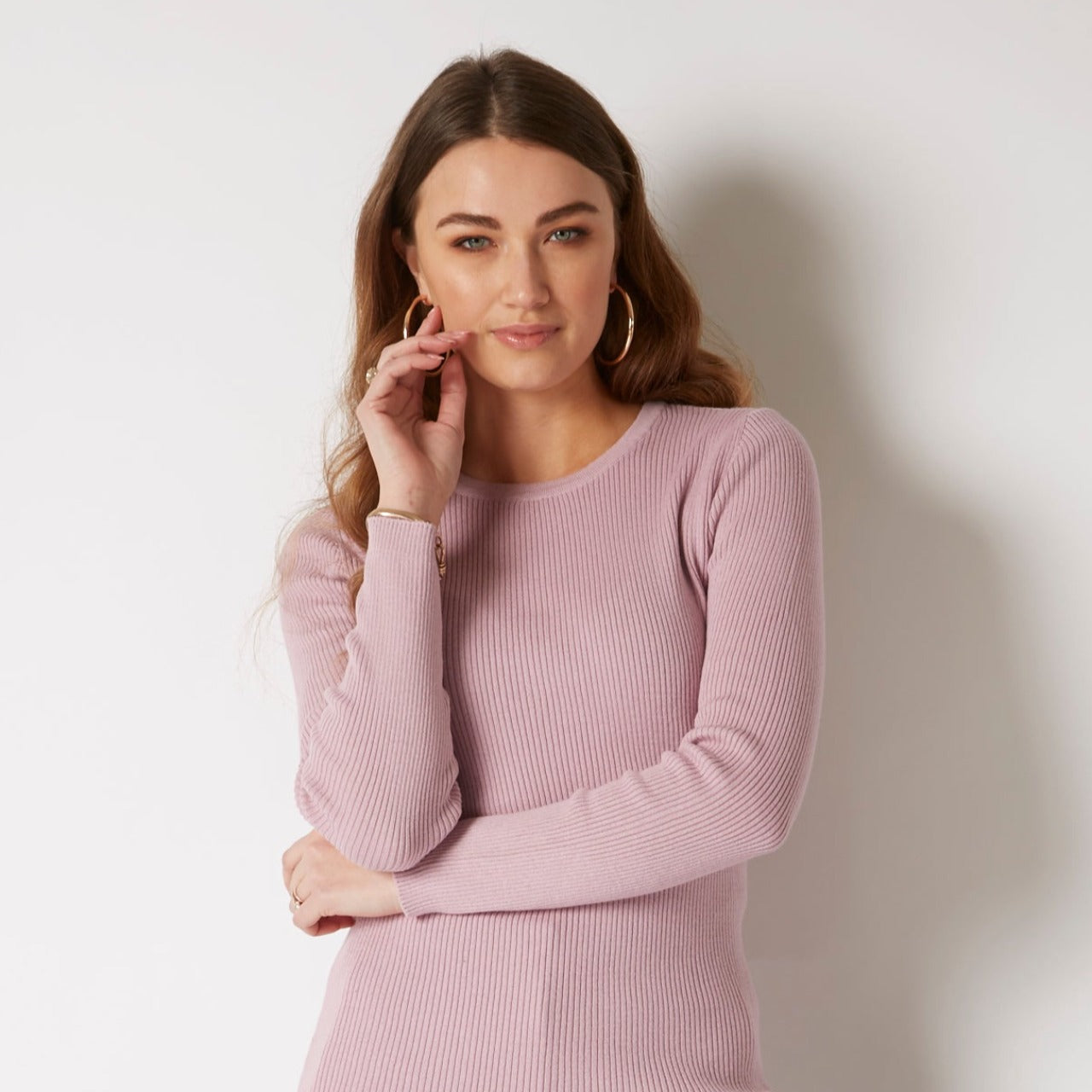 COTTON / CASHMERE ORCHID PINK RIB CREW